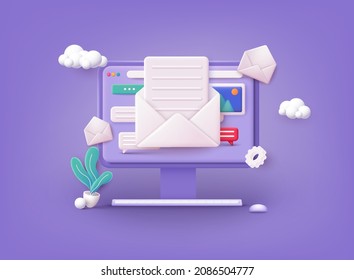 Mail service concept. Computer with open pages. 3D Web Vector Illustrations.