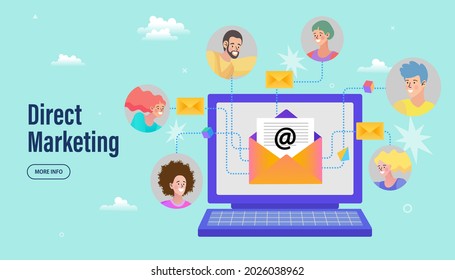 Mail service concept. Email advertising, direct digital marketing. envelope spreading information thought email distributing channel to customers. Vector Illustrations.