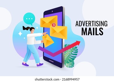 Mail service concept. Email advertising, direct digital marketing. envelope spreading information thought email distributing channel to customers. Newsletter. Business strategy. Vector Illustrations.