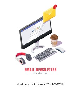 Mail Service Concept. Email Notification, Computer With Envelope And Coffee On Desktop, Email Distribution. Isometric Illustration