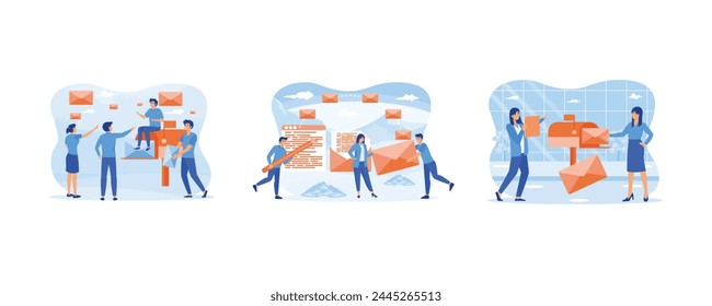 Mail service and correspondence delivery concept. People are engaged in sending mail, and parcels to customers. Marketing and mail service for business concept. Set flat vector modern illustration