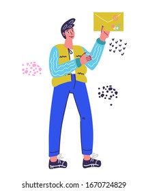 Mail service and correspondence delivery with man cartoon character sending envelope with letter or e-mail message, mail notification. Sms for social network or chat. Vector illustration.