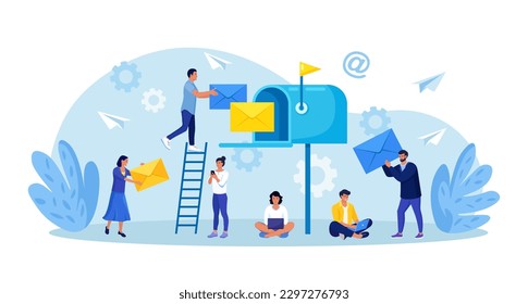 Mail service and correspondence delivery. People receiving, sending letters, sorting documents. New incoming sms, e-mail message. Retro mailbox with envelopes. Spam in social network chat
