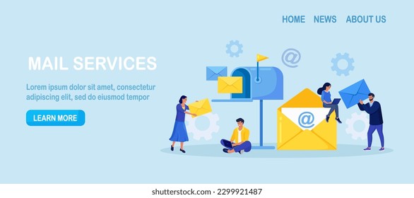 Mail service and correspondence delivery. People receiving, sending letters, sorting documents. New incoming sms, e-mail message. Retro mailbox with envelopes. Spam in social network chat