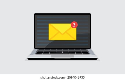 Mail service, e-mail message on screen in laptop. Message confirmation reminder concept. Newsletter on computer. Vector illustration in flat style. Vector illustration element