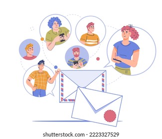 Mail service and email message sending concept. Modern online communication and network, social media connection, flat cartoon vector illustration isolated on white background.