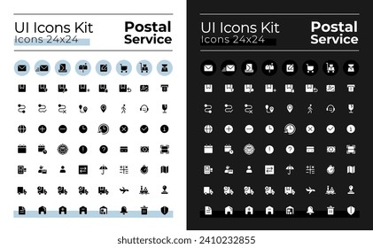 Mail service glyph ui icons set for dark, light mode. Delivery and post. Silhouette symbols for night, day themes. Solid pictograms. Vector isolated illustrations. Montserrat Bold, Light fonts used