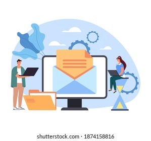 Sitio web de servicios de correo electrónico comunicación retroalimentación contenido multimedia carta digital en línea. Ilustración gráfica plana de concepto vectorial