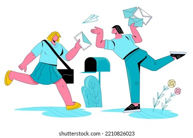 Mail service new incoming message or sms banner for web mailing flat vector illustration isolated on white background. Email concept with man and woman characters nearby mailbox.