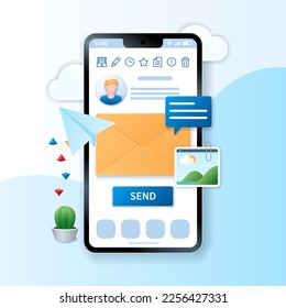 Mail service on mobile phone banner. Smartphone with email application and envelope icons on the screen. Computer technology concept. Web vector illustration in 3D style