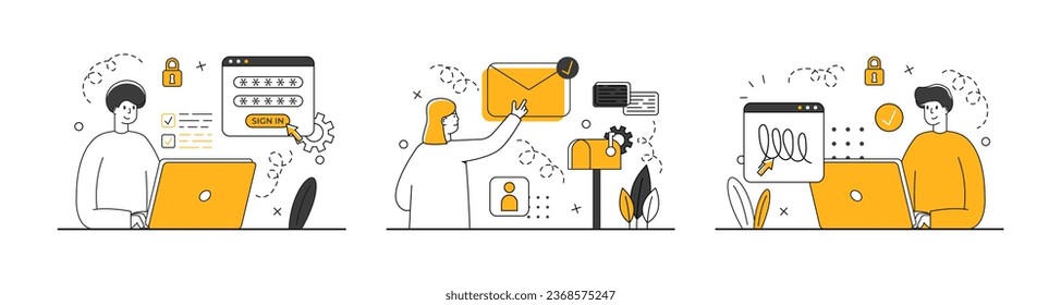 Mail service with people scene in the flat cartoon style. Boys send letters through an e-mail box. Vector illustration