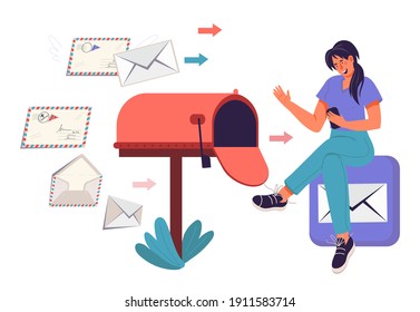 Mail service and post correspondence delivery concept with woman getting letters and checking post box, flat vector illustration isolated on white background. Email, getting messages and information. 