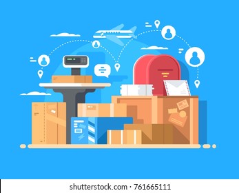 Mail service. Sending letters and parcels around world. Vector illustration