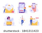 Mail service set. People using mobile phone and writing mail. Contact us banners. Collection of online support, customer support, e-mail marketing. Vector illustration for UI, web banner, mobile app