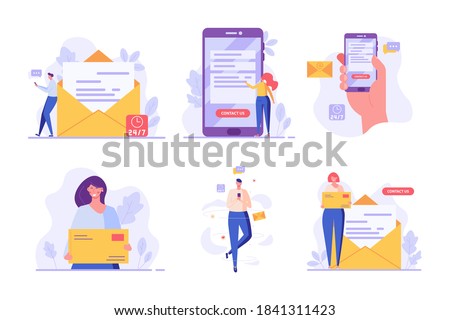 Mail service set. People using mobile phone and writing mail. Contact us banners. Collection of online support, customer support, e-mail marketing. Vector illustration for UI, web banner, mobile app