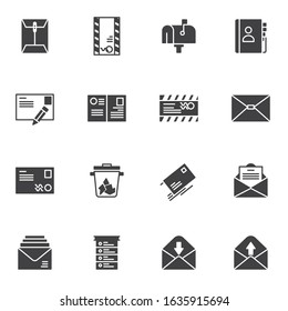 Mail service vector icons set, modern solid symbol collection, filled style pictogram pack. Signs, logo illustration. Set includes icons as envelope message, email, contact book, mail box, trash bin