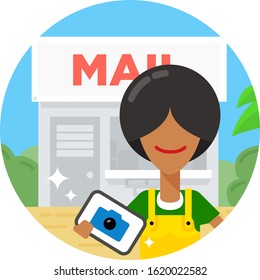 Mail service vector illustration. Funny girl send tablet via mail.