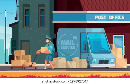 Mail Service Vehicle In Front Of Post Office Entrance Postman Pulling Cart With Parcels Cartoon Vector Illustration