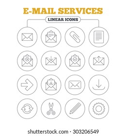 Mail services icons. Send mail, paper clip and download arrow symbols. Scissors, pencil and refresh thin outline signs. Receive, select and delete mail. Circle buttons on white. Vector