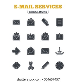 Mail services icons. Send mail, paper clip and download arrow symbols. Scissors, pencil and refresh thin outline signs. Receive, select and delete mail. Line icon with black border. Vector