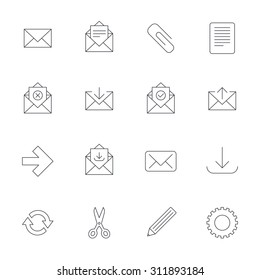 Mail services icons. Send mail, paper clip and download arrow symbols. Scissors, pencil and refresh thin outline signs. Receive, select and delete mail. Outline line icons on white background. Vector