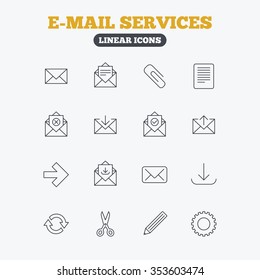 Mail services icons. Send mail, paper clip and download arrow symbols. Scissors, pencil and refresh thin outline signs. Receive, select and delete mail. Linear icons on white background.