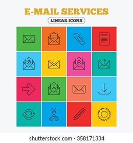 Mail services icons. Send mail, paper clip and download arrow symbols. Scissors, pencil and refresh thin outline signs. Receive, select and delete mail. Linear icons in colored squares.