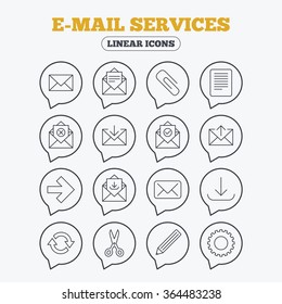 Mail services icons. Send mail, paper clip and download arrow symbols. Scissors, pencil and refresh thin outline signs. Receive, select and delete mail. Linear icons in speech bubbles.