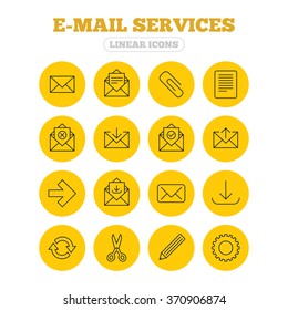 Mail services icons. Send mail, paper clip and download arrow symbols. Scissors, pencil and refresh thin outline signs. Receive, select and delete mail. Linear icons on yellow buttons.