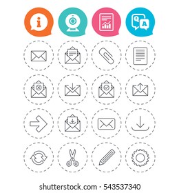 Mail services icons. Send mail, paper clip and download arrow symbols. Scissors, pencil and refresh thin outline signs. Receive, select and delete mail. Information, question and answer icons. Vector