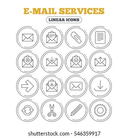 Mail services icons. Send mail, paper clip and download arrow symbols. Scissors, pencil and refresh thin outline signs. Receive, select and delete mail. Circle flat buttons with linear icons. Vector