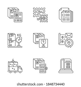 Mail services linear icons set. Postal delivery business, distribution industry. Parcels shipping customizable thin line contour symbols. Isolated vector outline illustrations. Editable stroke