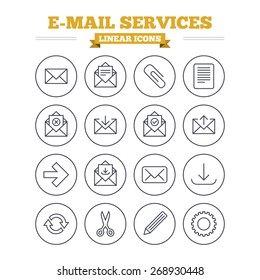 Mail services linear icons set. Send mail, paper clip and download arrow symbols. Scissors, pencil and refresh thin outline signs. Receive, select and delete mail. Flat vector