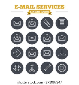 Mail services linear icons set. Send mail, paper clip and download arrow symbols. Scissors, pencil and refresh thin outline signs. Receive, select and delete mail. Flat circle vector