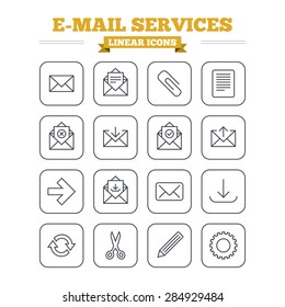 Mail services linear icons set. Send mail, paper clip and download arrow symbols. Scissors, pencil and refresh thin outline signs. Receive, select and delete mail. Flat square vector
