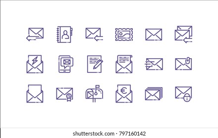 Mail services linear icons set. Send mail, paper clip and download arrow symbols.