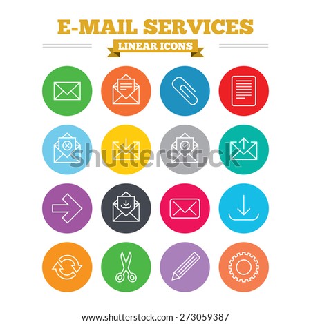 Mail services linear icons set. Send mail, paper clip and download arrow symbols. Scissors, pencil and refresh thin outline signs. Receive, select and delete mail. Flat circles vector