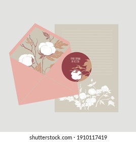 Conjunto de correo. Un sobre, postal, pegatina, hoja para escribir. Color rosa