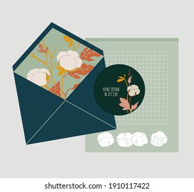 Mail set. An envelope, postcard,  sticker, sheet for writing. Sea-green color