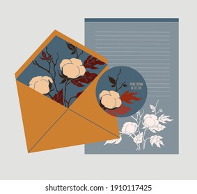 Conjunto de correo. Un sobre, postal, pegatina, hoja para escribir. Color azul y amarillo