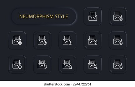 Mail set icon. Delete, add, setup, plis. send, search, cross, tick, minus, location, pointer, like, protection, privacy. Neomorphism style. Vector line icon for Business