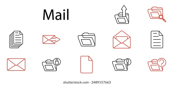 Mail set icon. Envelope, folder, document, paper, send, receive, inbox, letter, email, message, communication, mail, postal, archive, post, data, storage, delivery, correspondence.