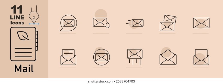 Mail set icon. Envelopes in various styles: notification, sending, receiving, opened, closed, and in speech bubbles