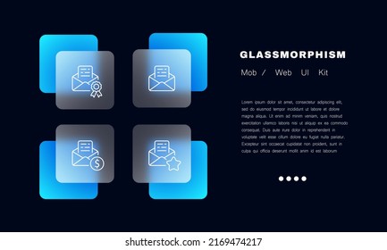 Mail set icon. Important message, award, diploma, achievement, letter, paid information, favorites, star. Correspondence concept. Glassmorphism style. Vector line icon for Business and Advertising