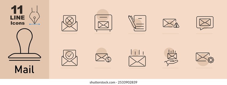 Mail set icon. Leaf with letter, envelope, open letter, notification letter, letter with speech bubble, outgoing mail, message sent, inbox, mail system.