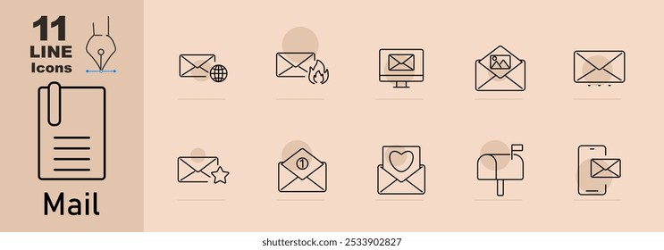 Mail set icon. Leaf on paper, chat bubble, mail notification, fast, stacked envelopes, received, open envelope, circular, sent, lock, document envelope