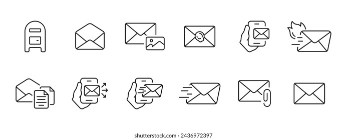 Mail-Set-Symbol. Briefkasten, Brief, Brief, Foto, Postkarte, Stempel, E-Mail, Mailing, dringender und schneller Versand, Dokumentation. Vektorliniensymbol auf weißem Hintergrund.