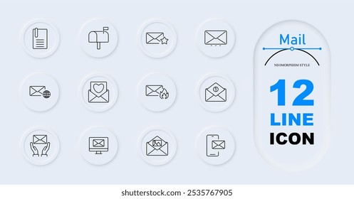Icono de conjunto de correo. Cuaderno, buzón, mensaje con estrellas, mensaje con globo, carta de amor, mensaje en llamas, nuevo mensaje, mano con carta, correo en el monitor, correo móvil