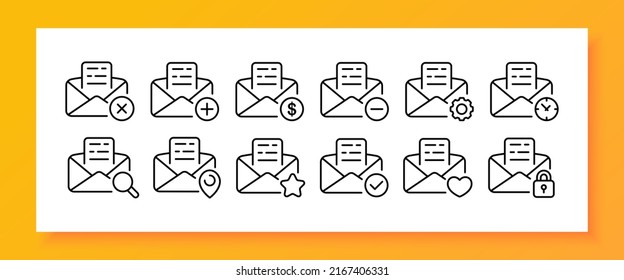 Mail set icon. Sms with plus, minus, cross, dollar, gear, watch, magnifying glass, pointer, heart, lock, privacy. Data set concept. Vector line icon for Business and Advertising