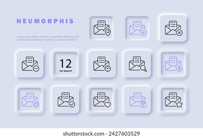 Mail set line icon. Fire, delivery, correspondence, mailbox, smartphone, SMS. Neomorphism style. Vector line icon for business and advertising